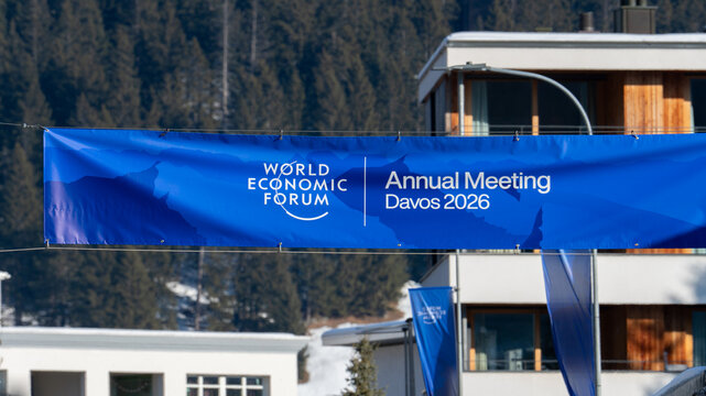 Davos, switzerland, january 20th 2026 world economic forum annual meeting davos 2026 banner