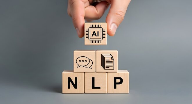 Hand placing AI chip block on NLP pyramid, symbolizing artificial intelligence integration into natural language processing for advanced data understanding