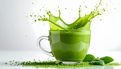 A vibrant green liquid splashing into a clear glass cup surrounded by green leaves on a white surface from a high viewpoint