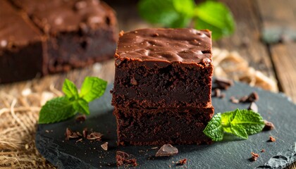 Stacked Chocolate Brownies with Fresh Mint Leaves on Dark Slate Board