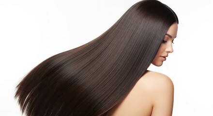 Naklejka premium Gorgeous woman with long, dark brown hair flowing dynamically, highlighting healthy, shiny, and smooth strands for a radiant and luxurious look