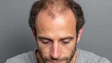 Obraz premium Man with hair thinning looks down, gray background, indoor setting, casual clothing, natural lighting