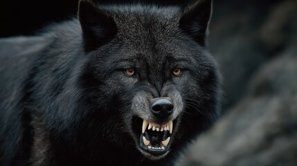 Close up of a black wolf snarling with bared teeth and focused eyes in a wild setting during daylight