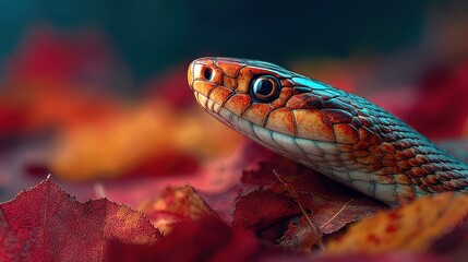 Obraz premium Snake moves through colorful autumn leaves in a forest during the fall season
