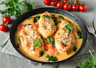 Chicken breast in creamy sauce with tomatoes and spinach © nadin333