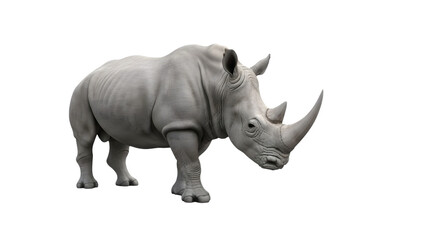 Obraz premium A large gray rhinoceros stands against a black background, showcasing its distinctive horn
