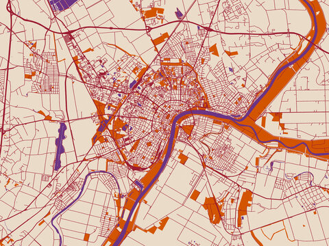 City map of Szeged, Hungary &mdash; minimal cream city base with wine-red streets, terracotta accents and soft purple water areas