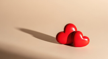 Two Red 3D Hearts representing Love on Beige Background.
