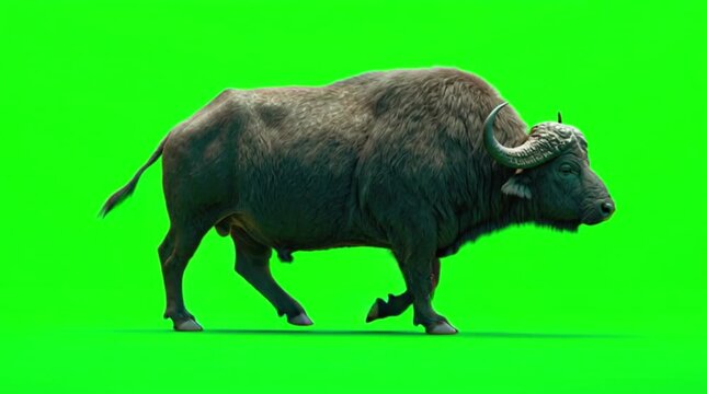 A strong African Cape Buffalo with massive horns steadily walks forward on a vibrant green screen background.