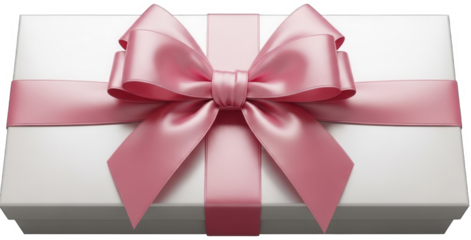 Pink bow png Satin ribbon cutout White giftbox png Elegant present cutout Festive package png Silk knot cutout Decorative box png Luxury wrapper cutout isolated transparent background image