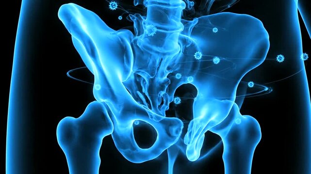Human pelvis anatomy with glowing blue bones.