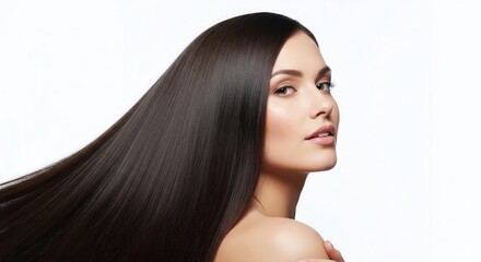 Fototapeta premium Portrait of a beautiful young woman with long, straight, flowing dark hair, highlighting its incredible shine, health, and natural elegance against a clean white background