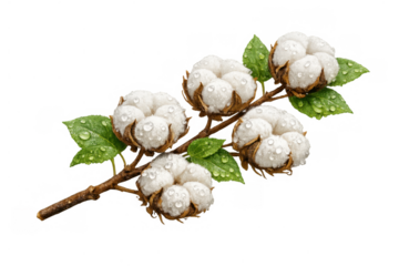 Cotton plant branch displaying natural fiber bolls with green leaves and water drops, transparent background