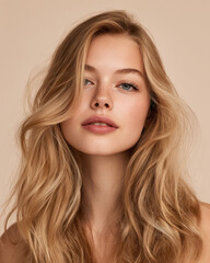 Fototapeta premium Studio close-up of a young blonde woman with natural skin on minimal beige background