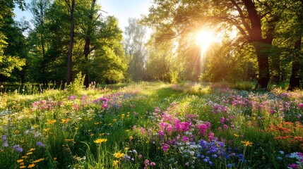 Naklejka premium Vibrant Summer Landscape with Colorful Wildflowers and Sunlight Filtering Through Lush Green Trees in a Serene Forest Meadow