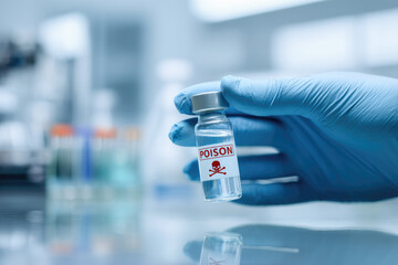 Gloved hand holds vial with poison label in laboratory setting, highlighting toxicology research and safety concerns in clinical environment