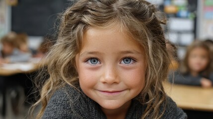 Happy young girl smiles at the camera in a classroom filled with other students during school hours