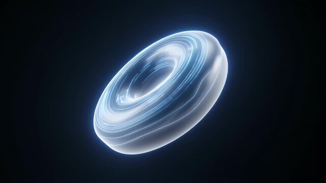 A luminous abstract torus shape with swirling blue and white light patterns against a dark, minimalist background.