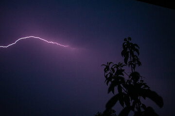 bolt of lightning lighting up a purple night sky