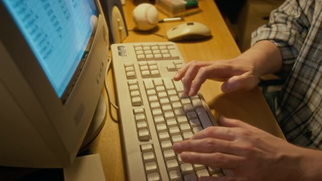 Top view of hands of anonymous man in plaid shirt with rolled-up sleeves working on spreadsheet on 1990s vintage computer with flickering CRT monitor, swiftly typing numbers on keyboard