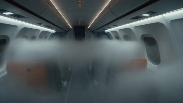Mysterious foggy airplane cabin interior with empty seats and dim lighting