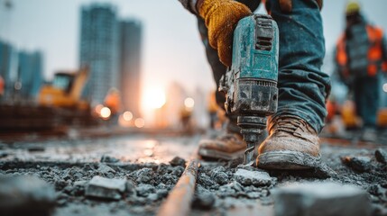 Construction worker uses jackhammer to break concrete at building site during sunset
