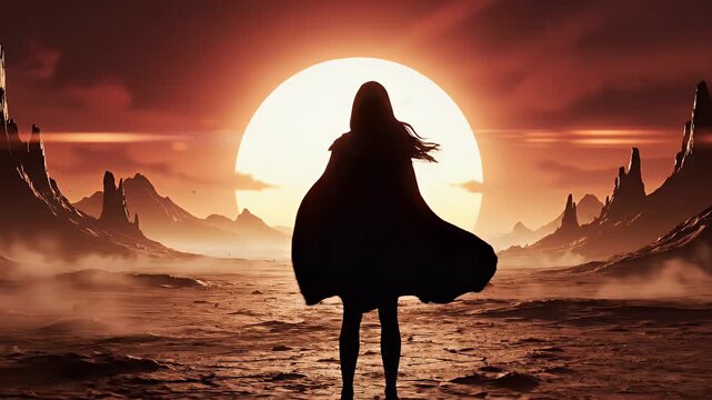 A lone figure stands silhouetted against a colossal orange sun in a dramatic, desolate alien landscape.