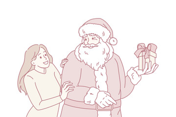 Preparation for Christmas holidays concept. Positive young woman standing and hugging Santa holding present present in box with ribbon vector illustration