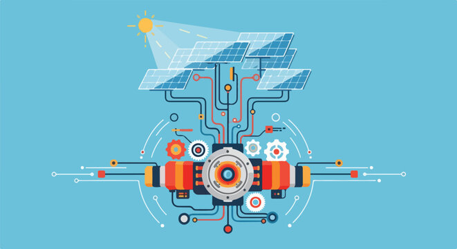 Solar power system schematic with panels, generator, and energy distribution network on blue background.