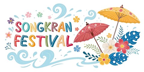 Songkran festival colorful typography banner with water splashes flowers and Thai celebration mood.