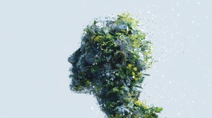 abstract human head silhouette filled with blooming spring plants and soft digital particles, artificial intelligence renewal concept, light pastel