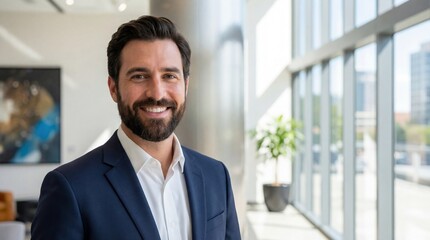 Smiling businessman in modern office. Confident man in suit standing by large window. Professional corporate environment for work and business deals.