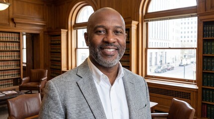 African American businessman standing confidently in wooden library office. Professional executive with city skyline view through large windows. Corporate deal and work environment concept for