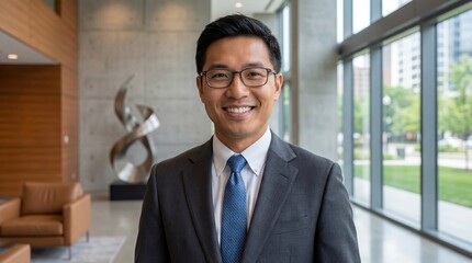 Asian businessman smiling confidently in modern office lobby. Professional man in suit standing near abstract metal sculpture with city view through glass windows. Corporate work environment and