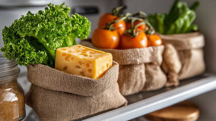 Refrigerator shelf storing fresh artisanal cheese block and produce in burlap bag, sustainable food storage emphasis, healthy eating habits, eco-friendly kitchen organization, with