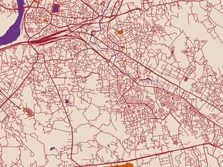 Obraz premium Street network map of Ulhasnagar, India, cream and burgundy map