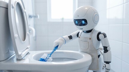 Small domestic robot scrubbing toilet in bathroom. AI assistant performing household cleaning chore. Smart home automation for hygiene maintenance and future robotics in daily housekeeping.