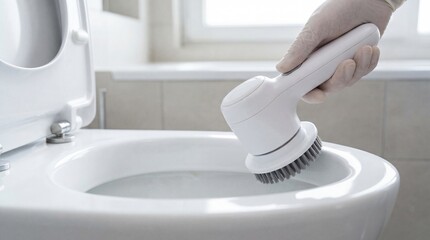 Gloved hand using small handheld electric brush to scrub inside white toilet bowl. Bathroom cleaning and hygiene maintenance concept. Modern household tool for efficient sanitation and daily chores