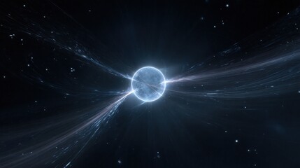 Close up of a neutron star pulsar floating in deep space, ultra dense spherical object with subtle magnetic field lines and faint radiation beams