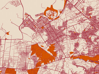 Naklejka premium Urban map poster of Khomeyni Shahr, Iran with soft cream background with burgundy street lines, warm terracotta land blocks and muted violet water