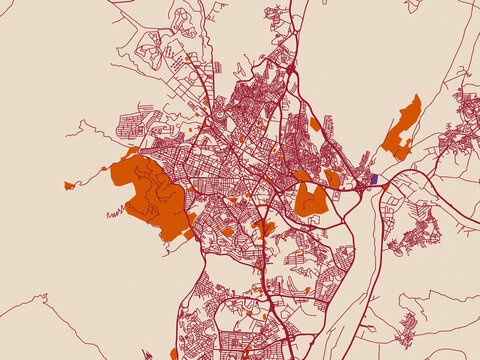 City map of Sanandaj, Iran &ndash; terracotta and violet accents