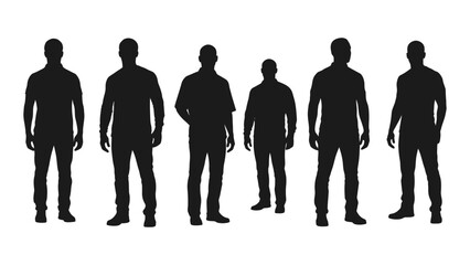 a row of six silhouetted male figures standing in a line against a white background