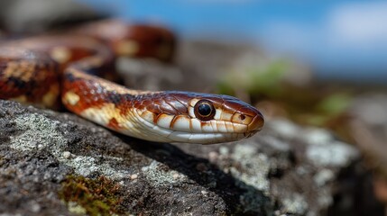 Obraz premium Ratsnake rests on rock under sun during afternoon near forest area