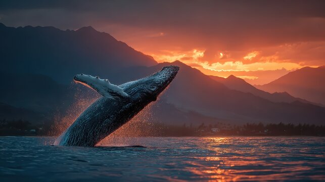Whale watching during sunset cruise at Na Pali Coast Kauai island with mountains in background