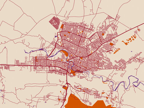 City map of Zaxo, Iraq &ndash; warm boho color palette