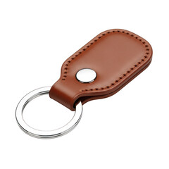 Brown leather key holder with metal ring isolated on transparent background