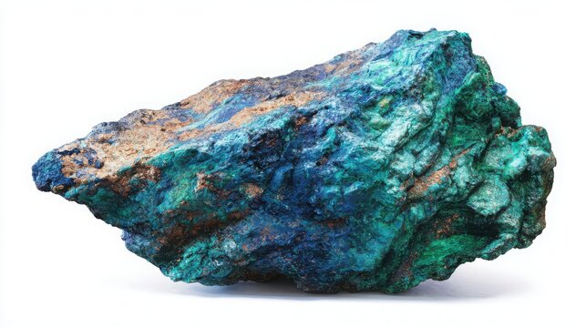 copper ore mineral isolated on white background, visible chalcopyrite and malachite textures, natural crystal formation, accurate geological