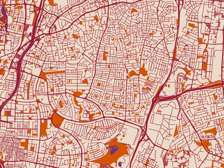 Obraz premium Street network map of Ramat Gan, Israel, featuring soft cream background with burgundy street lines, warm terracotta land blocks and muted violet water