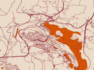 Cartographic city illustration of Agrigento, Italy &mdash; warm neutral background with burgundy linework streets, terracotta blocks and violet water contrast