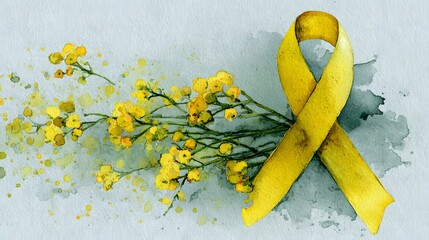 Watercolor Yellow Ribbon With Flowers For Endometriosis Awareness And Hope Concept